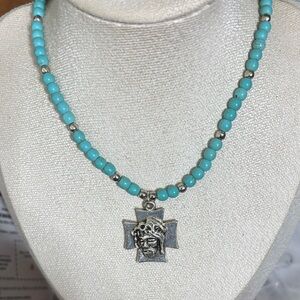 Turquoise Beaded Necklace with Silver Cross Pendant